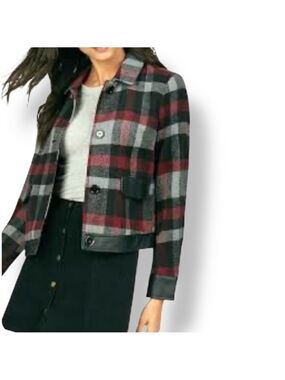 JUST FAB Plaid Cropped Jacket Faux Leather Trim Front Button Closure US Sz 3X